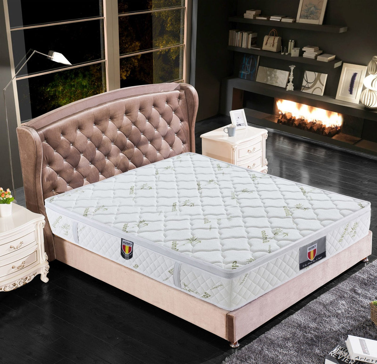 Husky Kingdom mattress on an upholstered bed in a bedroom