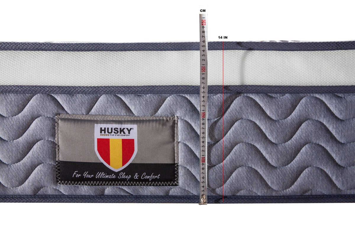 Husky Celeste mattress border and label showing 14 inch height