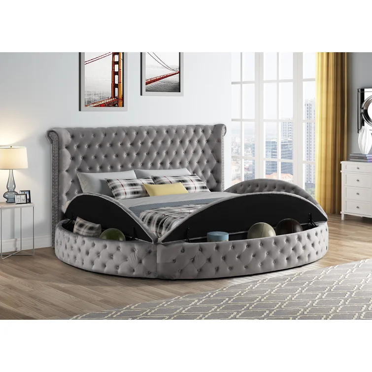 Alora storage bed in grey velvet with storage bench open, bedroom