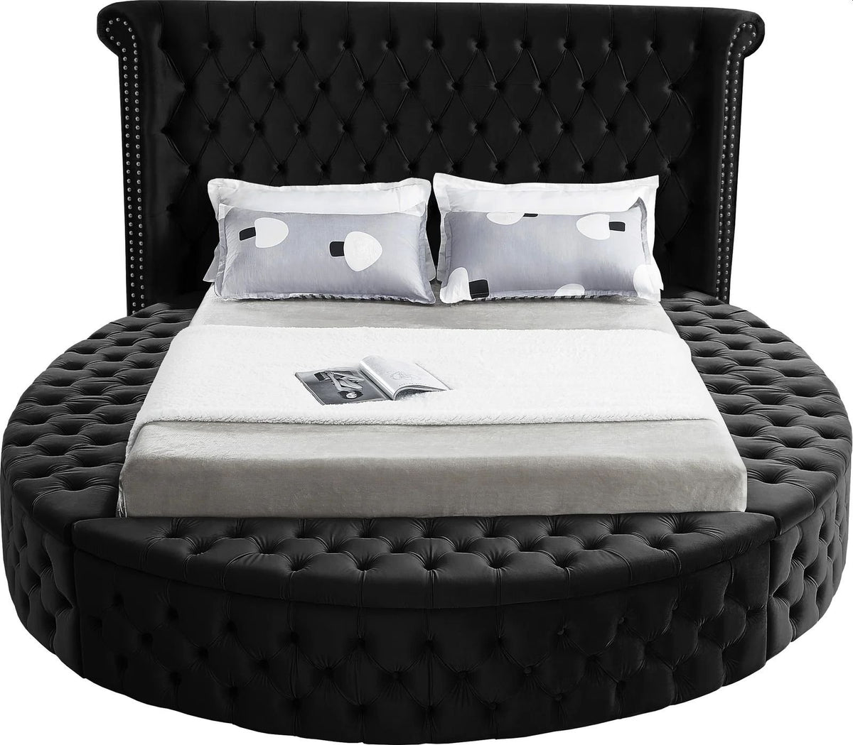 Alora round storage bed in black velvet, front view on white