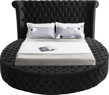 Alora round storage bed in black velvet, front view