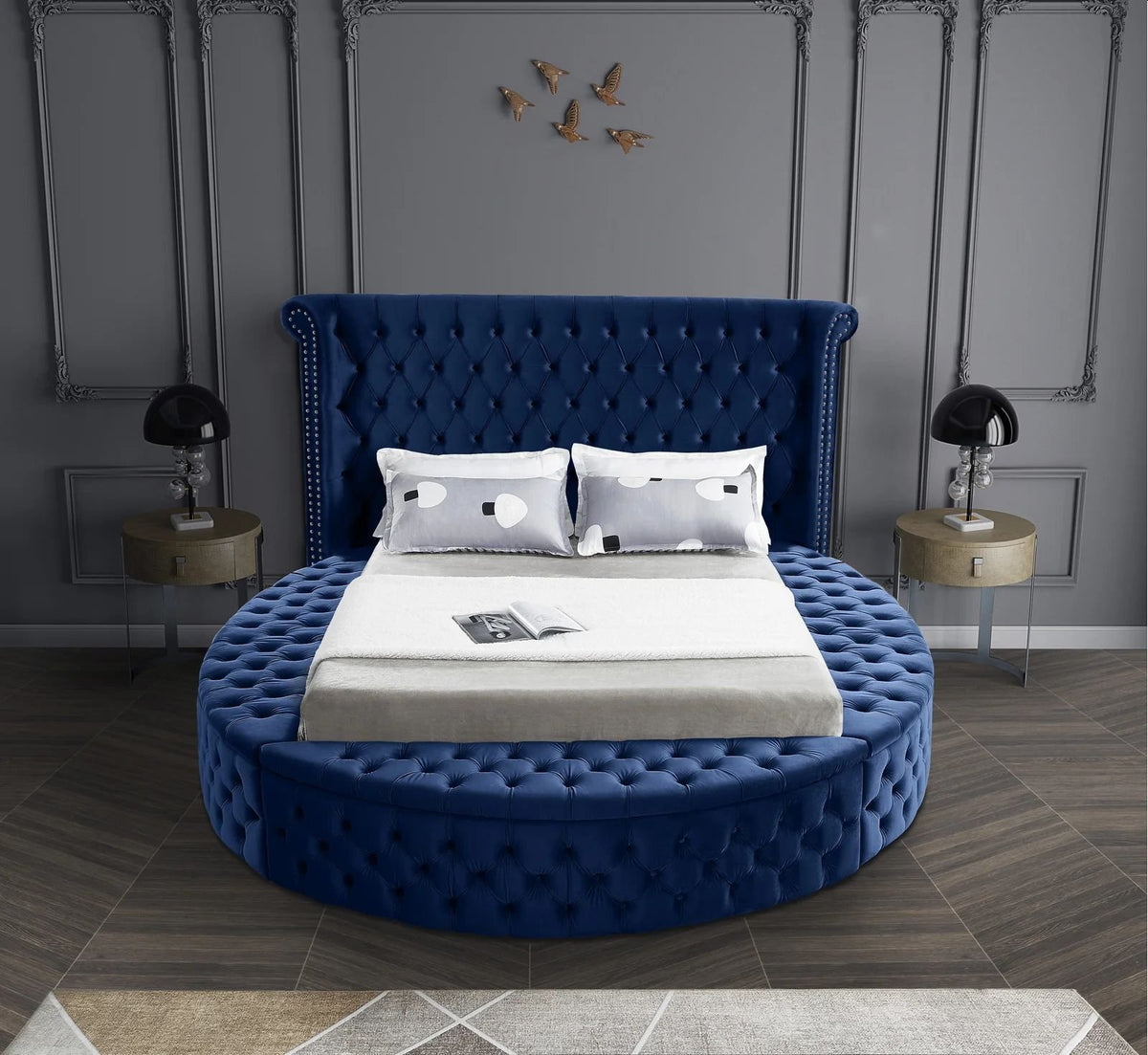 Alora round storage bed in blue velvet in a bedroom