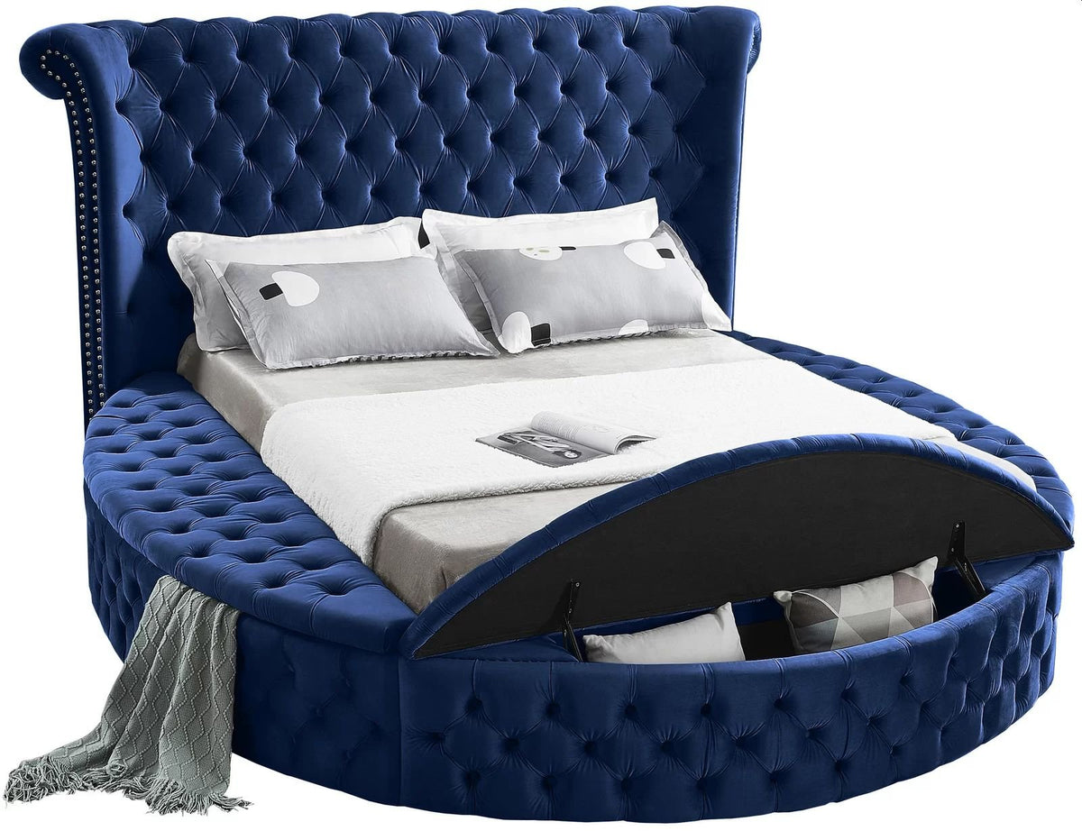 Alora storage bed in blue velvet with footboard storage bench open