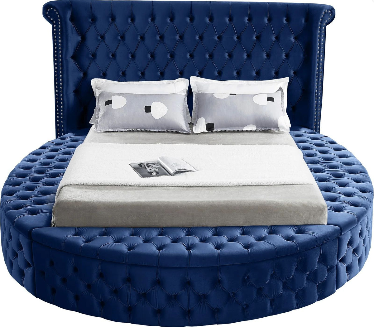 Alora round storage bed in blue velvet, front view