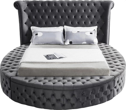 Alora round storage bed in grey velvet, front view