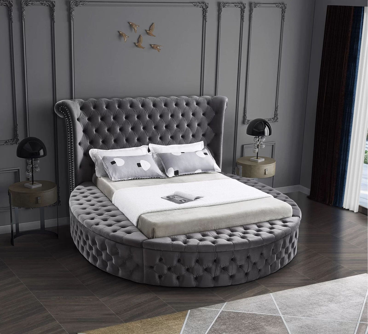 Alora round storage bed in grey velvet in a bedroom