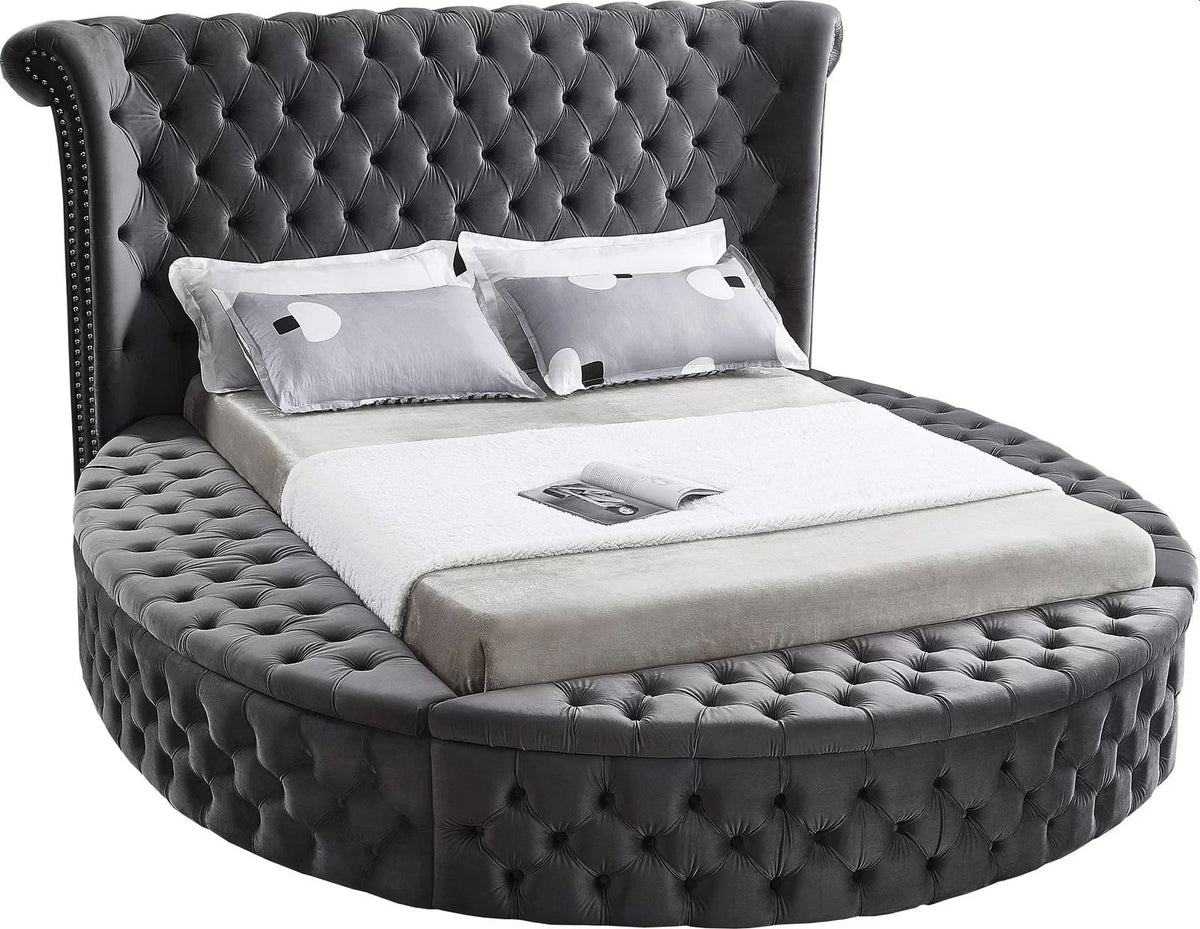 Alora round storage bed in grey velvet, white background