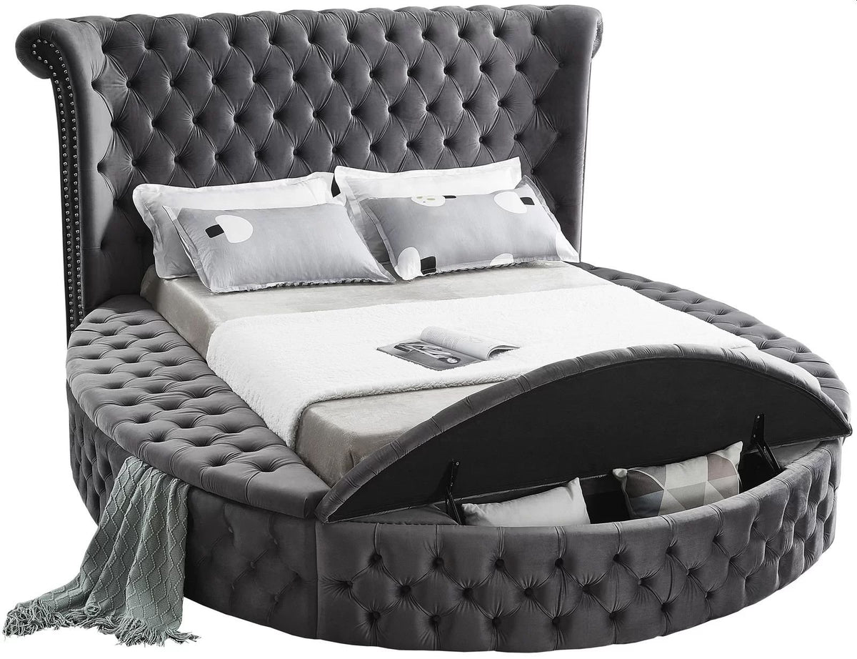 Alora storage bed in grey velvet with footboard storage bench open
