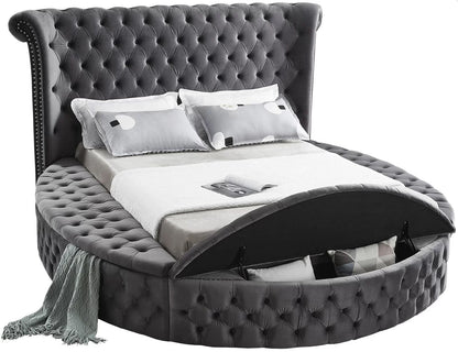 Alora storage bed in grey velvet with footboard storage bench open