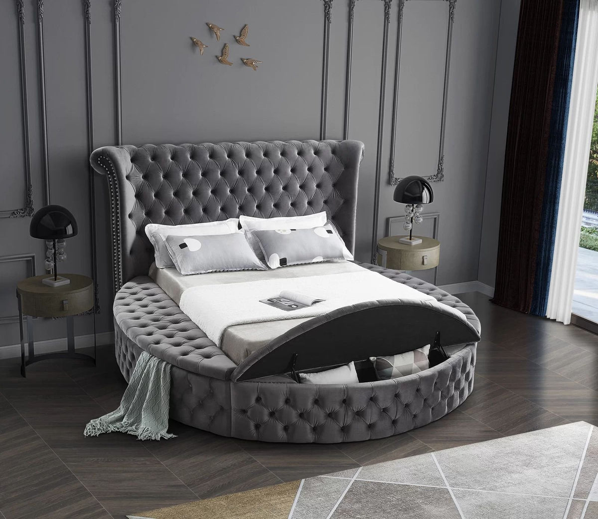 Alora storage bed in grey velvet, storage bench open in a bedroom