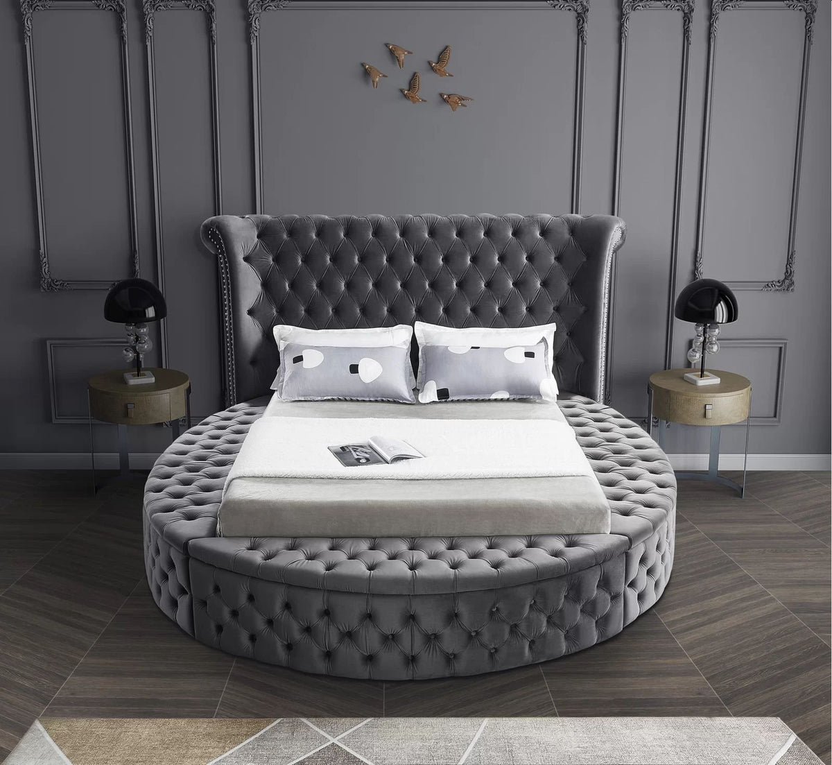 Alora round storage bed in grey velvet in a bedroom, front view