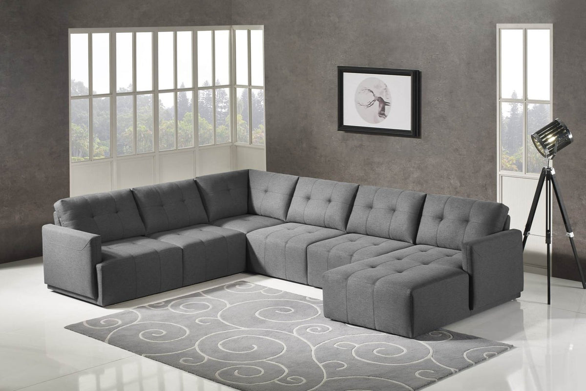 Husky Leggo grey 5-piece U-shaped sectional, right-facing chaise, in a living room