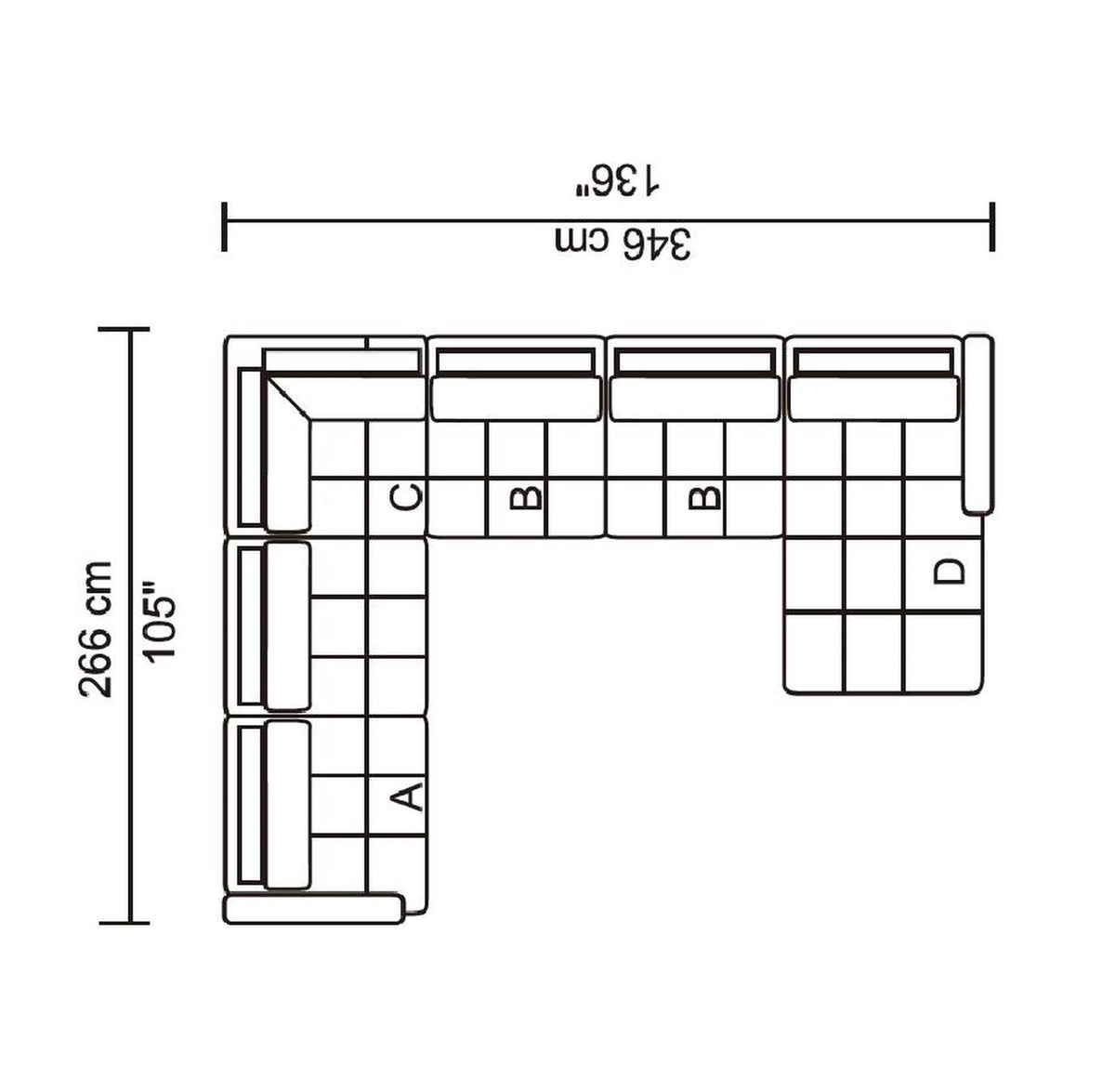 Husky Leggo right-facing sectional layout, 136" x 105"