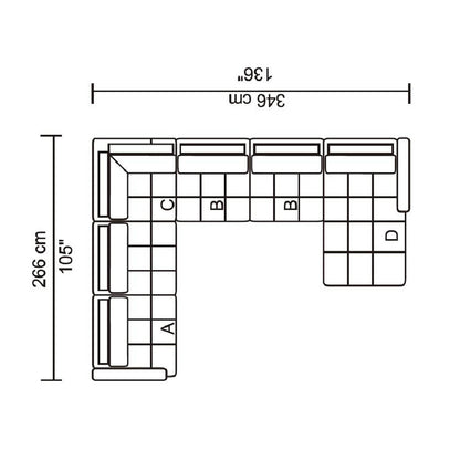 Husky Leggo right-facing sectional layout, 136" x 105"