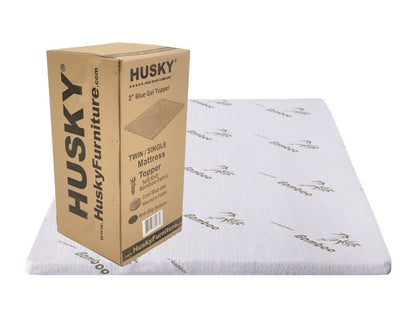 Husky 2" Blue Gel Memory Foam Mattress Topper with bamboo cover and retail box