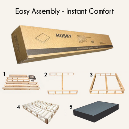 Husky Landmark box spring in a box, shown in its box and in 5 assembly steps