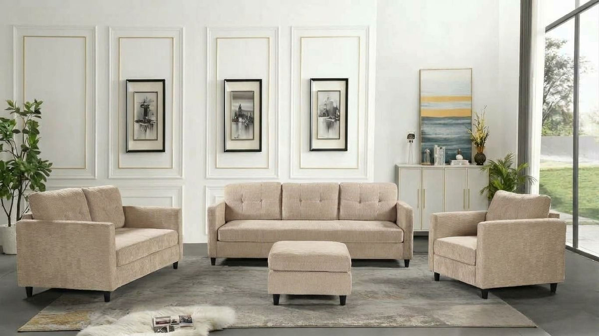 Husky Mayson track-arm sofa collection in beige fabric, photo shows the full 4-piece set (sofa, loveseat, chair and ottoman)