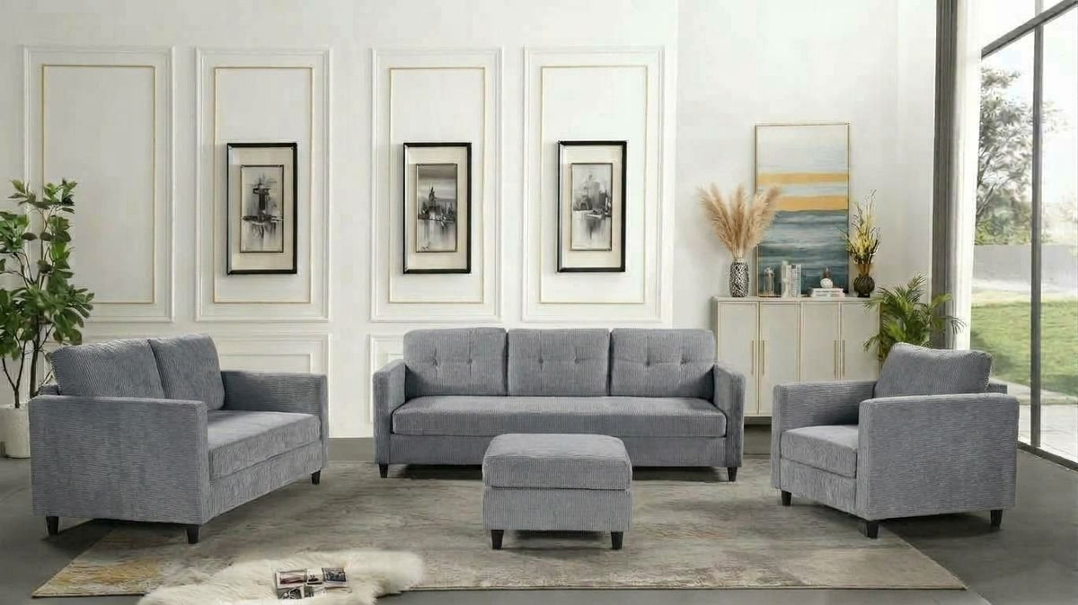 Husky Mayson track-arm sofa collection in grey fabric, photo shows the full 4-piece set (sofa, loveseat, chair and ottoman)