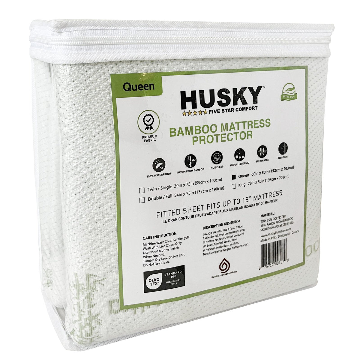 Husky Bamboo Mattress Protector package back with sizes and specs