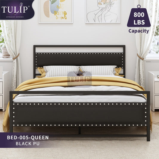 Queen Platform Bed Frame with Vinyl Headboard